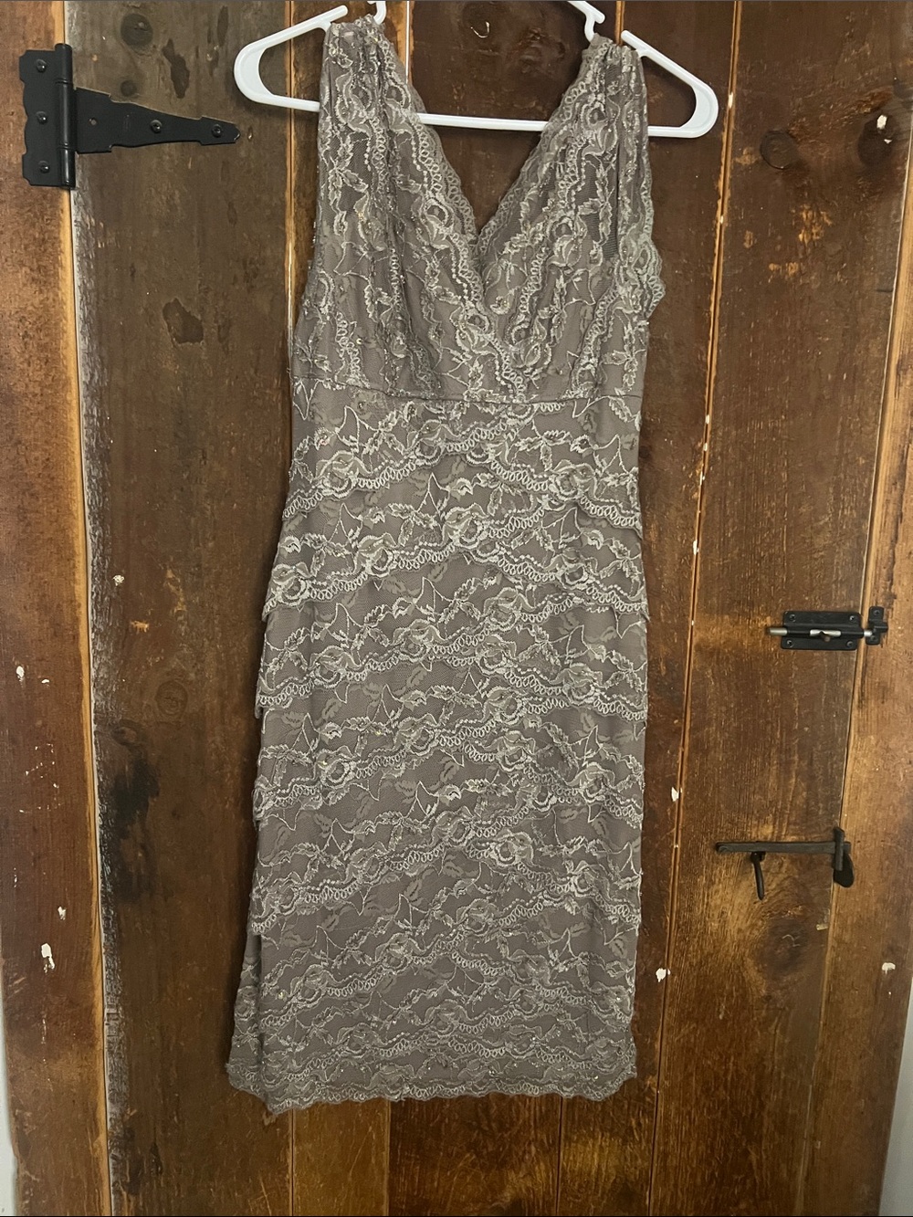 RSVP Lace V-Neck Midi Dress in Taupe Gray